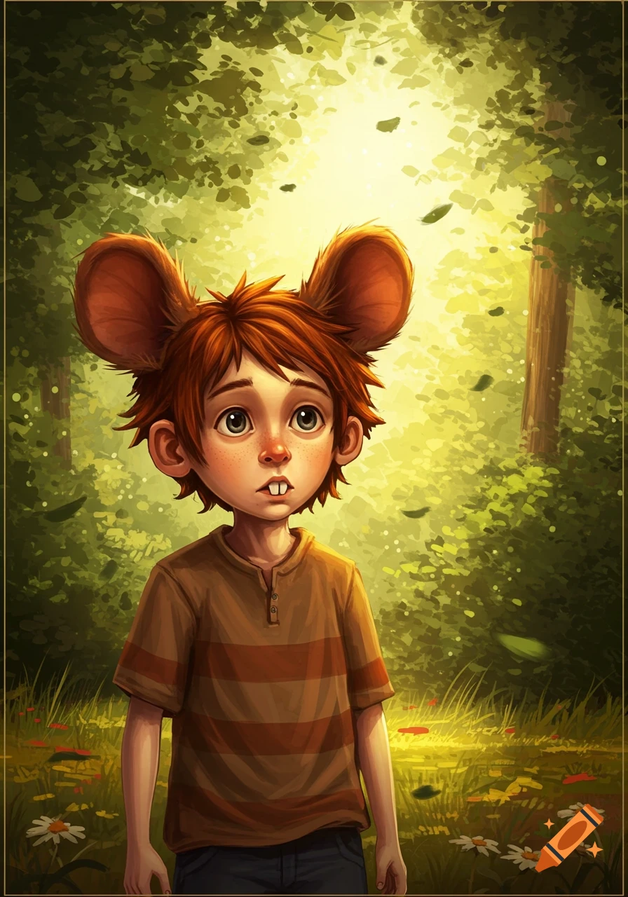 Whimsical illustration of a wide-eyed child with large mouse ears in a sun-dappled forest, wearing a striped shirt.