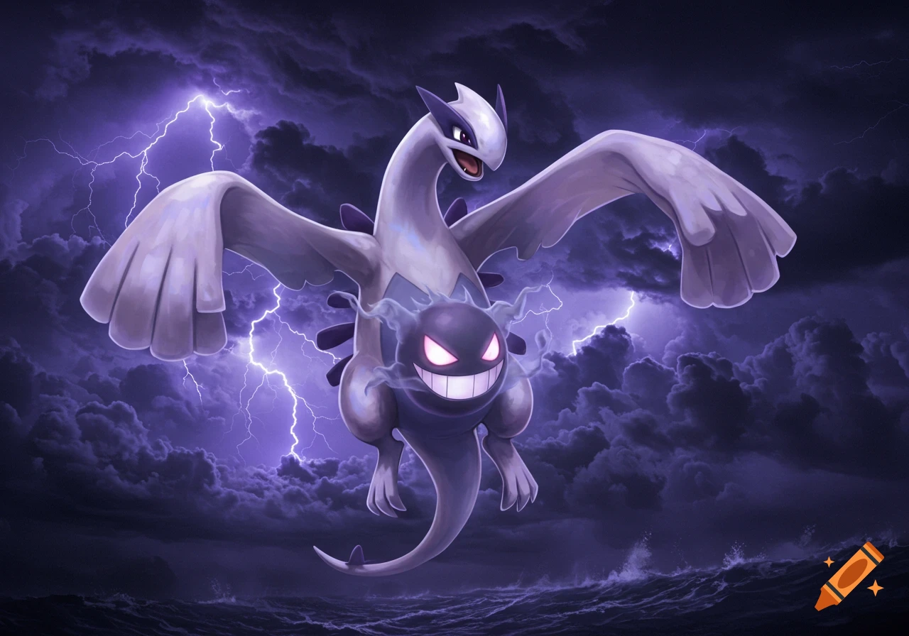 A majestic Lugia fused with a Gastly, its body emanating purple energy, against a stormy sky with lightning over a dark ocean.