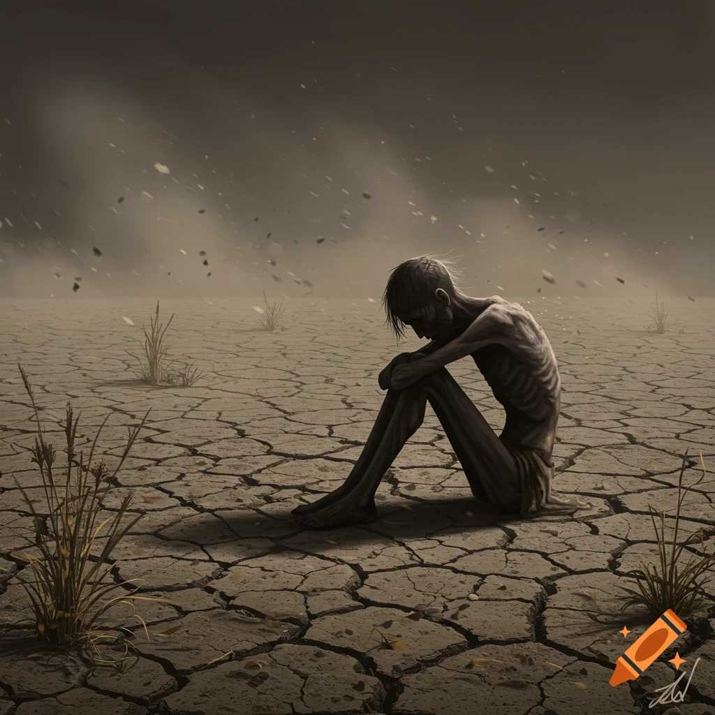 An artistic illustration of an emaciated person sitting hunched in a vast, cracked desert landscape.