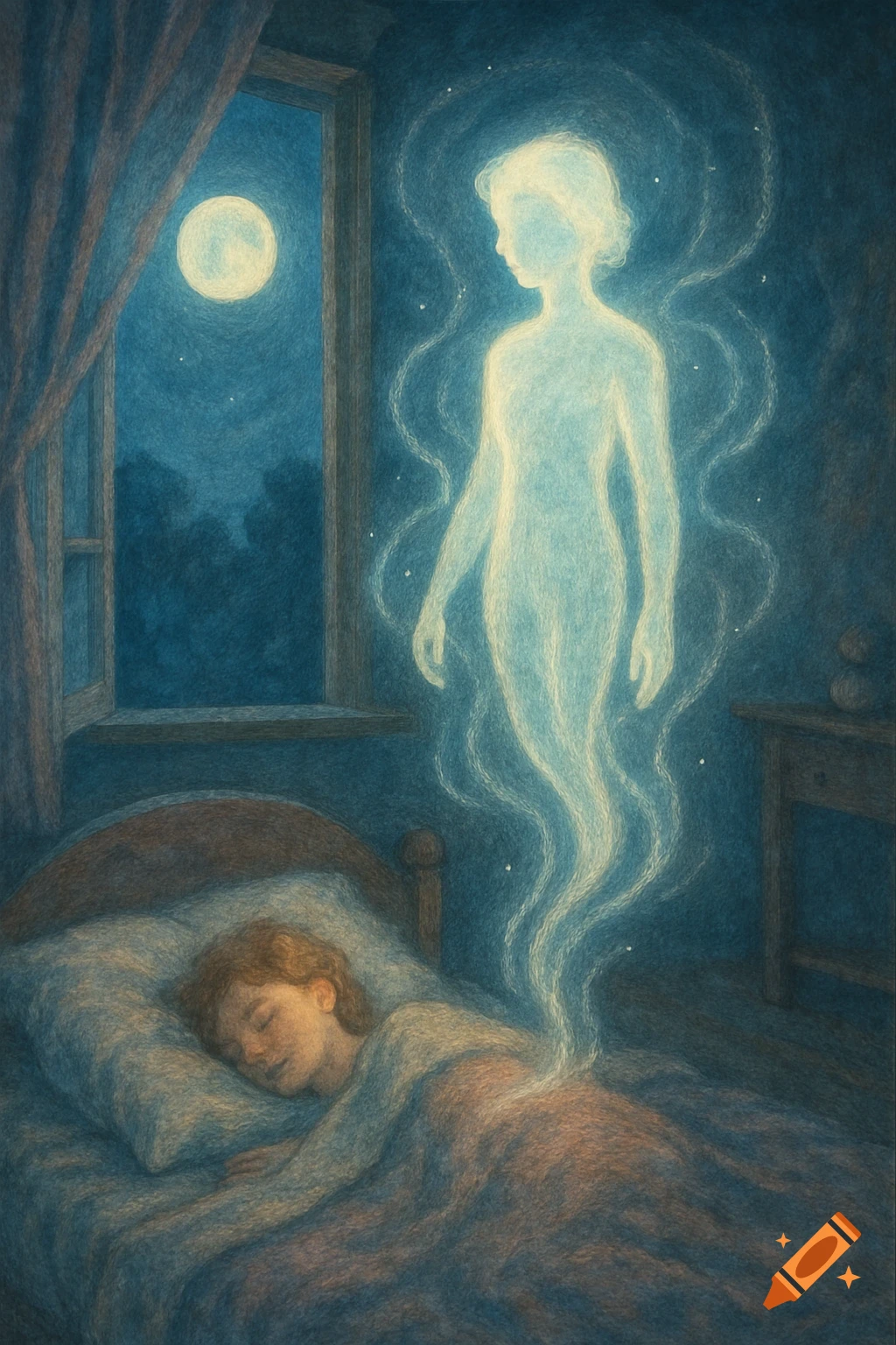 A child sleeps peacefully in bed as a glowing, ethereal human-shaped spirit rises from their body, with a full moon visible through the window in a fairytale style.