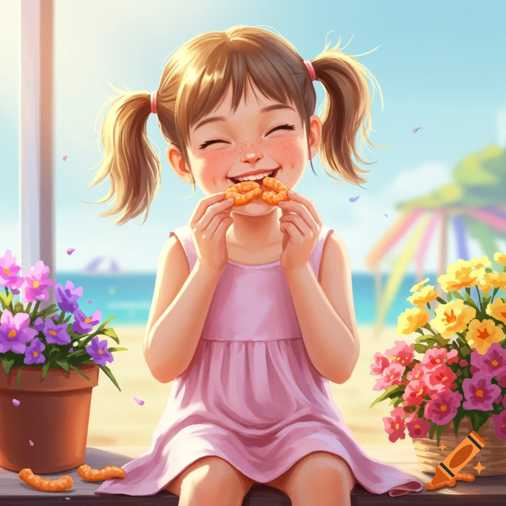 A cute pigtails girl happily eats shrimp crackers on a sunny day with flowers and a beach in the background, in an illustrative style.