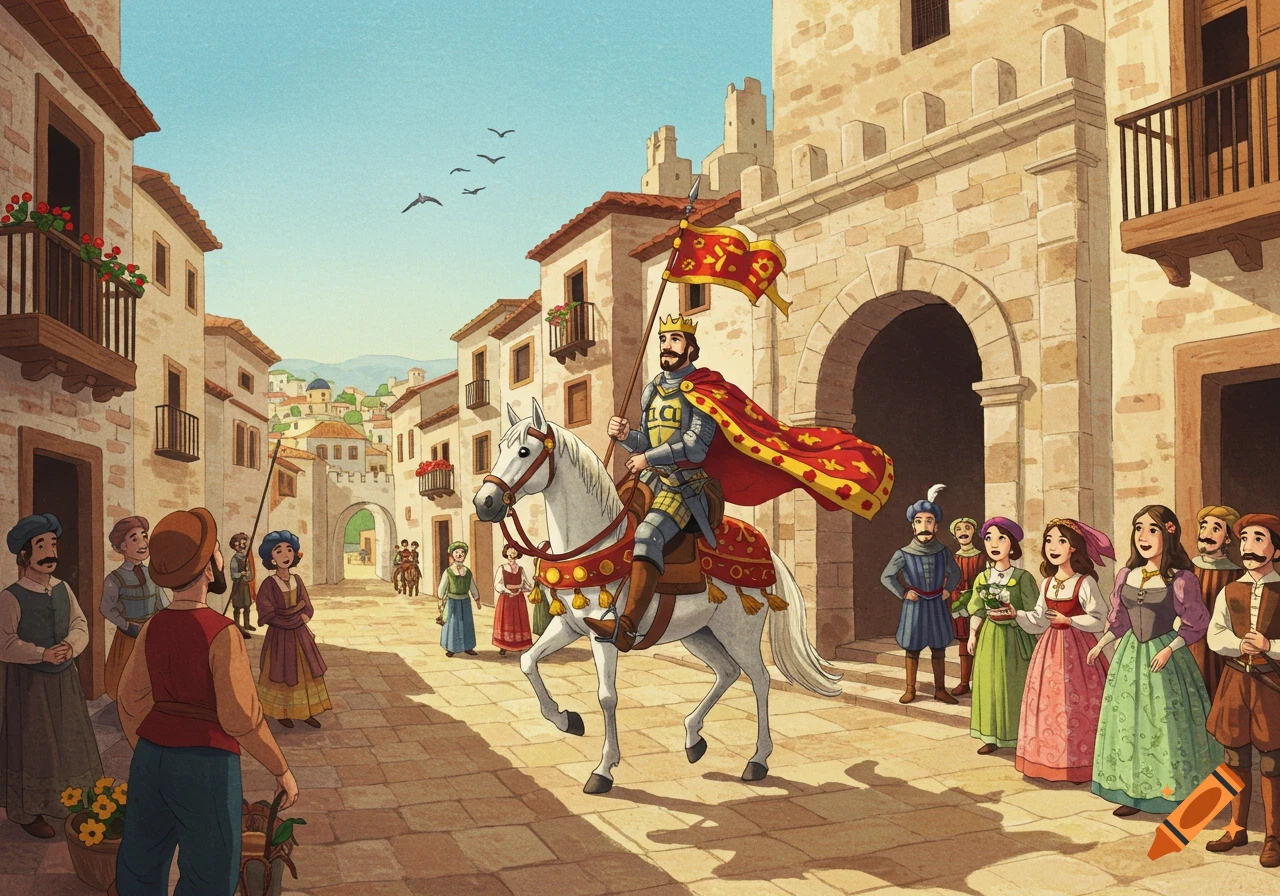 An illustration of a king on a white horse, in armor and a red cape, carrying a flag through a sunny medieval town as people watch.