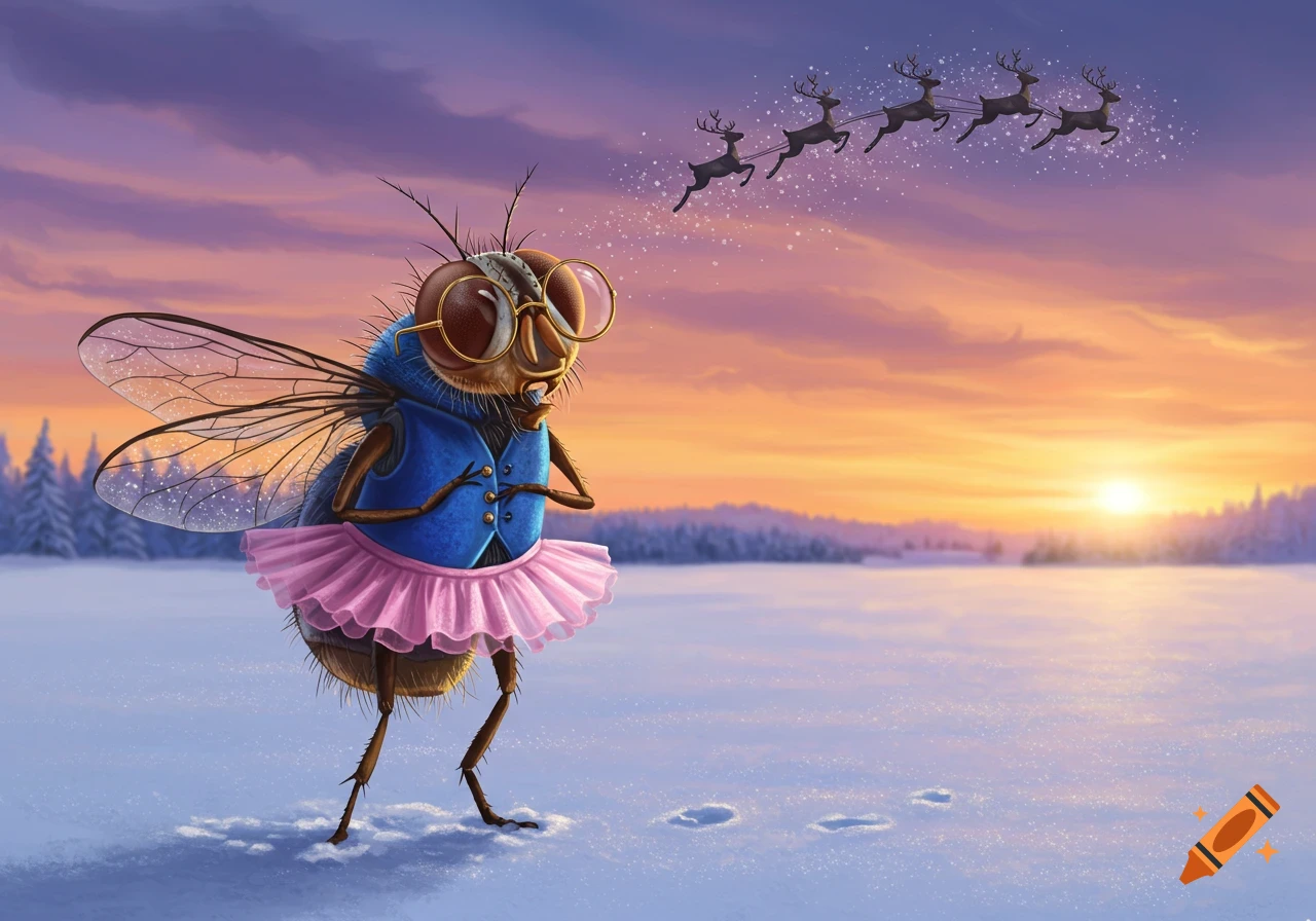 An illustrated, cartoon fly wearing glasses, a blue vest, and a pink tutu stands in the snow at sunset with reindeer flying overhead.