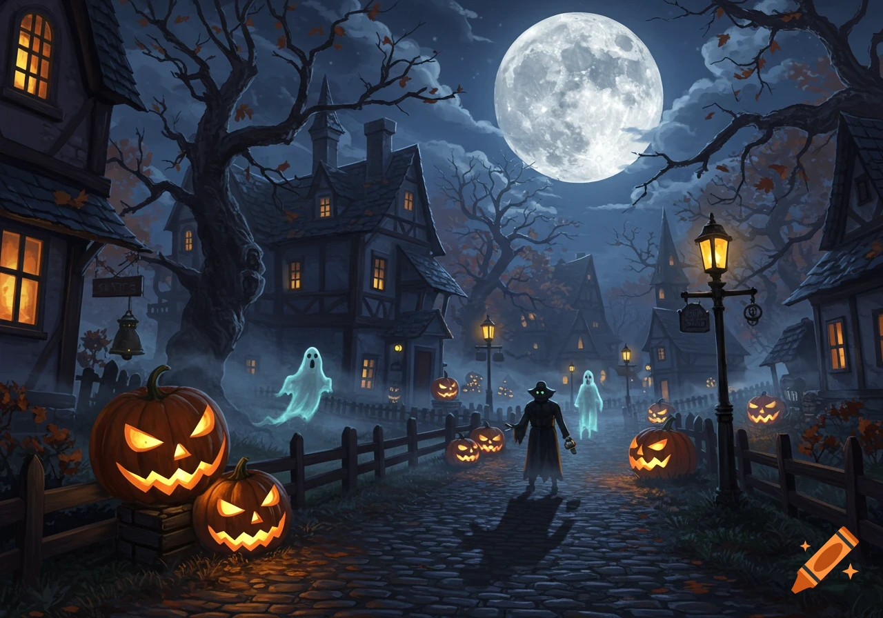 A spooky Halloween street scene at night with a cloaked figure, ghosts, glowing jack-o'-lanterns, and an enormous full moon.