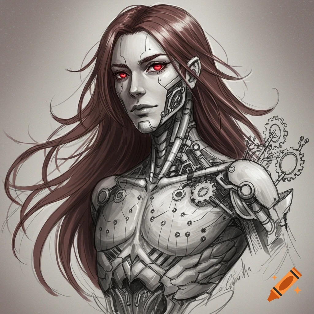 A sketch portrait of a cyborg with long reddish-brown hair and glowing red eyes, showing mechanical parts on its body.