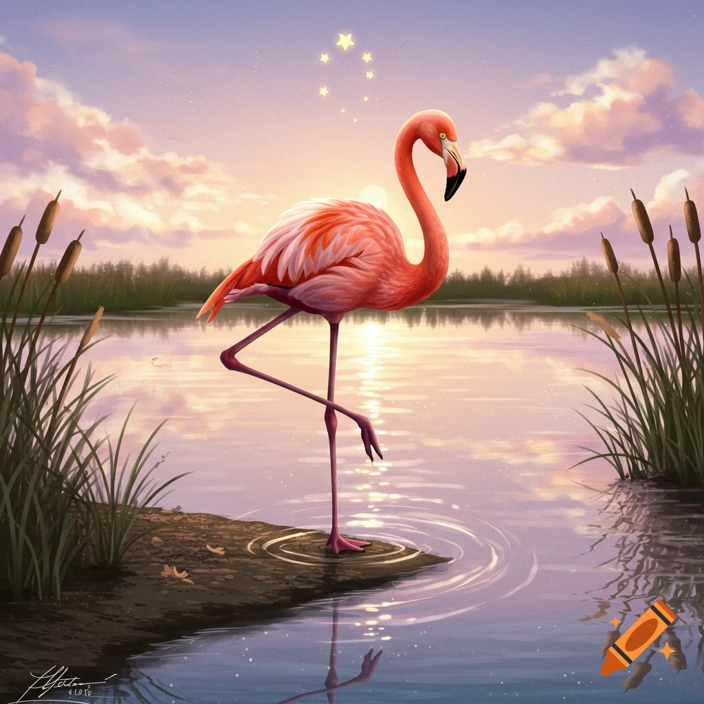 A pink flamingo stands on one leg in a calm lake at sunset, with cattails, trees, and glowing stars forming an arc in the sky.