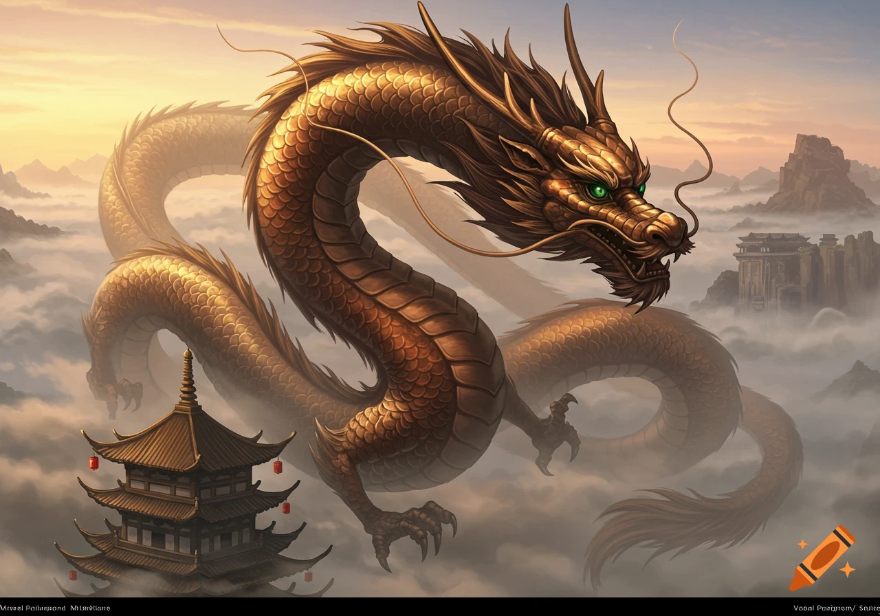 A majestic bronze Chinese dragon with glowing green eyes hovers in misty clouds above a traditional pagoda at sunrise.