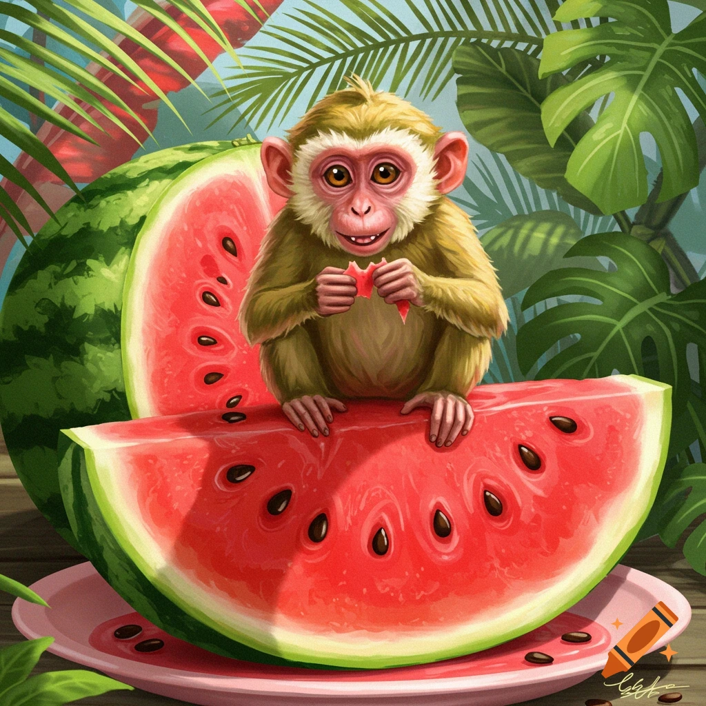A cute, stylized monkey sits on a large slice of watermelon, eating a small piece of fruit, set against a background of green jungle leaves.