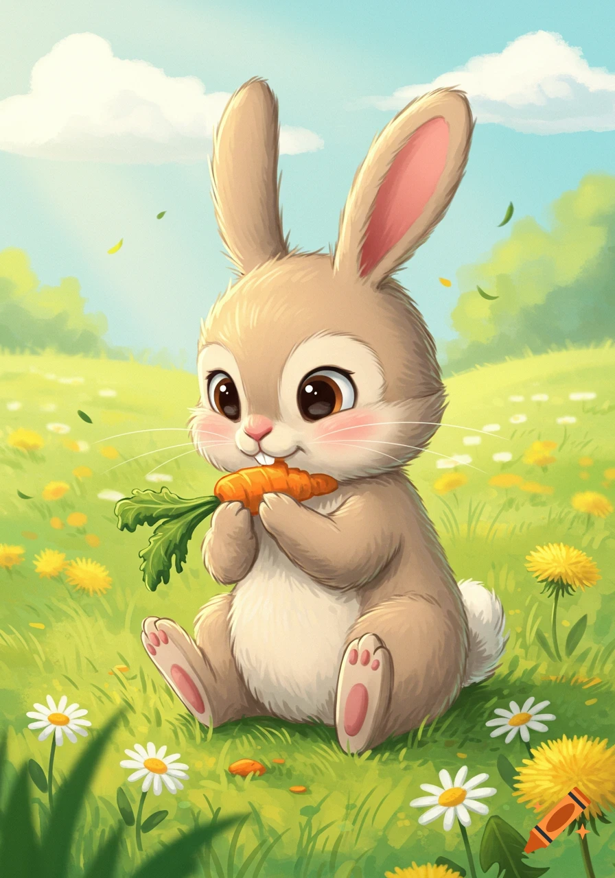 A cute cartoon bunny with big eyes sits in a grassy field with flowers, happily eating a carrot.