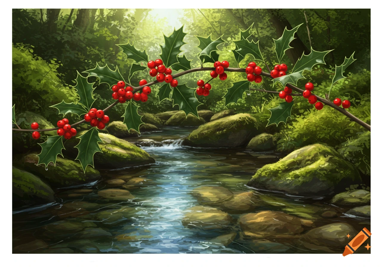 A vibrant illustration of a holly branch with red berries over a clear stream winding through a lush, sunlit forest.