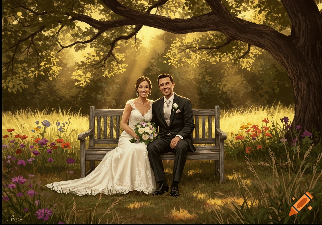 An artistic painting of a smiling wedding couple sitting on a wooden bench under a large tree in a sun-dappled park filled with flowers.