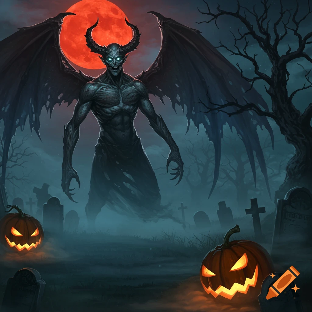 A winged demon with glowing eyes and horns stands in a foggy graveyard under a red moon, with two glowing jack-o'-lanterns.