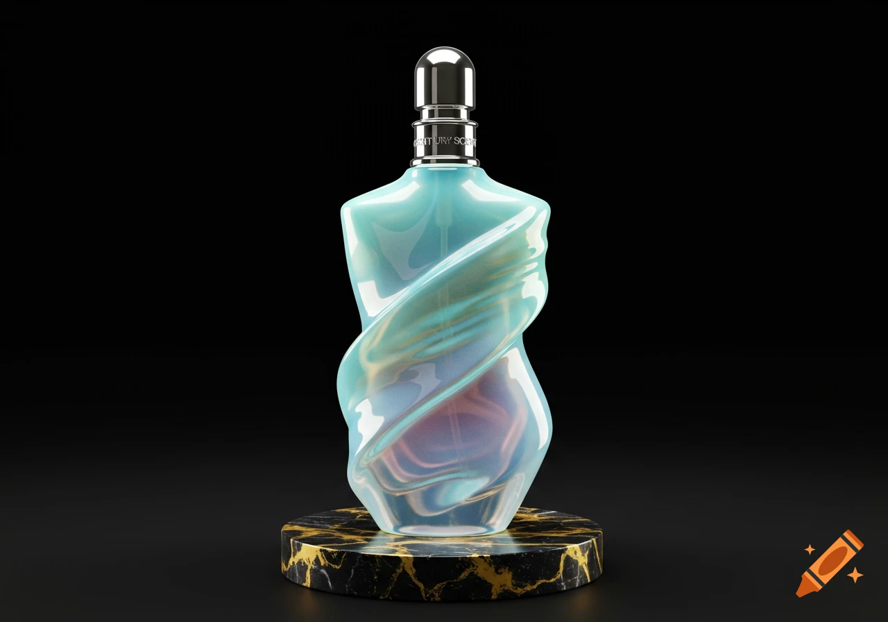 A pearlescent, translucent perfume bottle shaped like a stylized torso, with a silver cap, on a black and gold marble base.