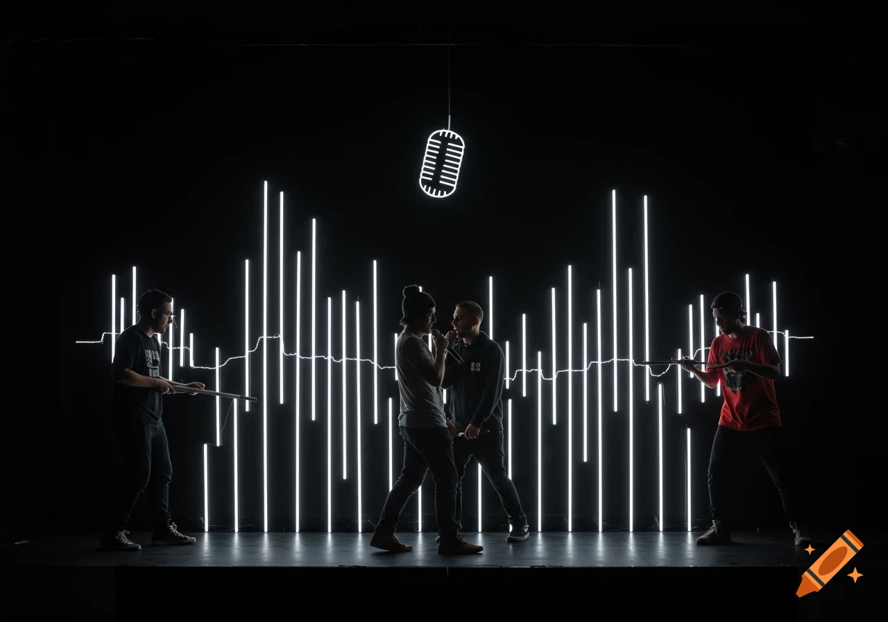 Four men perform on a dark stage against a neon white audio equalizer and a hanging microphone.