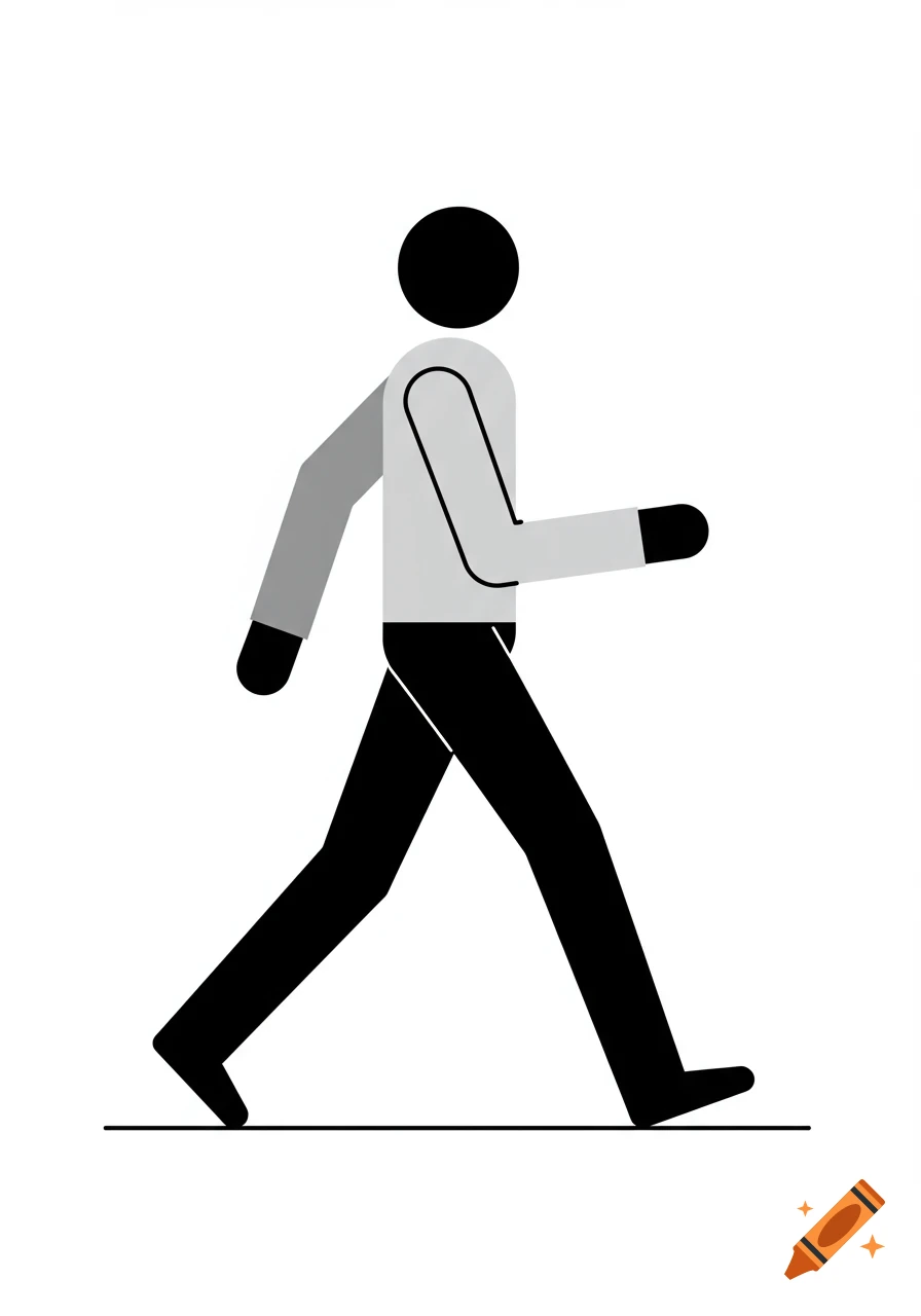 A minimalist black and grey illustration of a person walking, with a black head and legs, and a grey torso and arms.