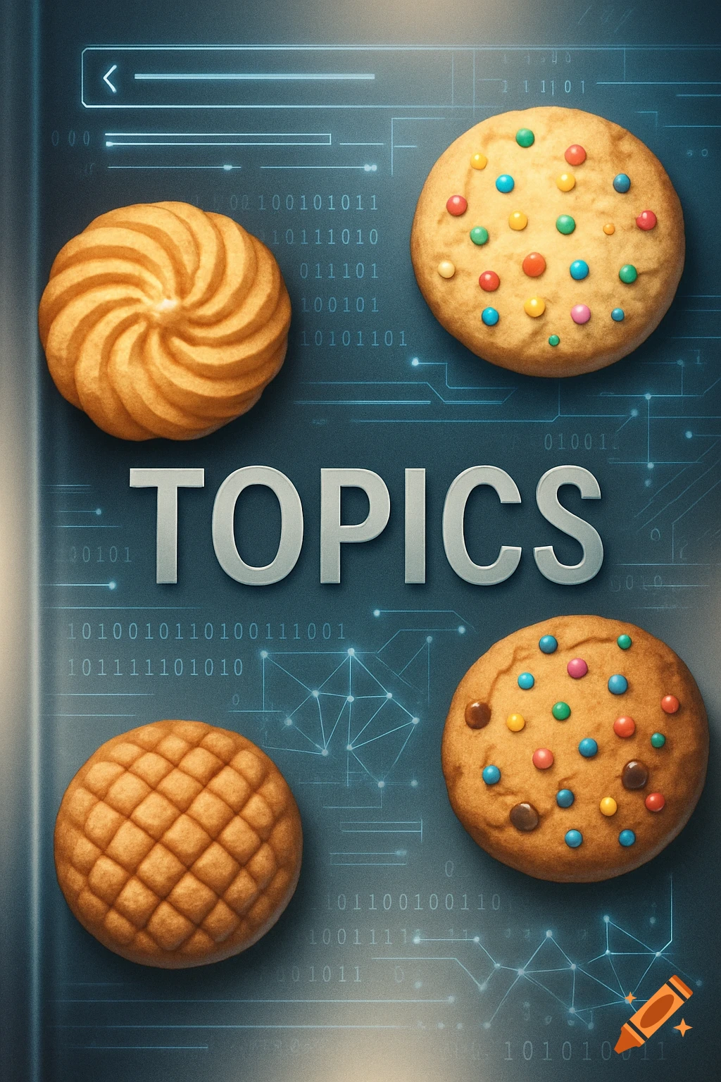 Four cookies (swirl, criss-cross, two candy-dotted) on a digital background with binary code and network lines, centered with the word TOPICS.