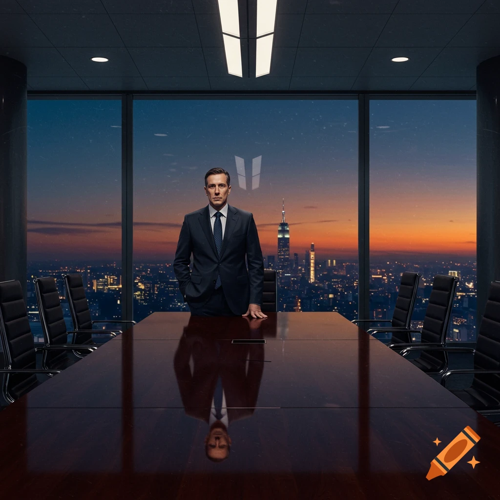 A businessman in a suit stands at a large conference table overlooking a city skyline at sunset, reflected on the table.
