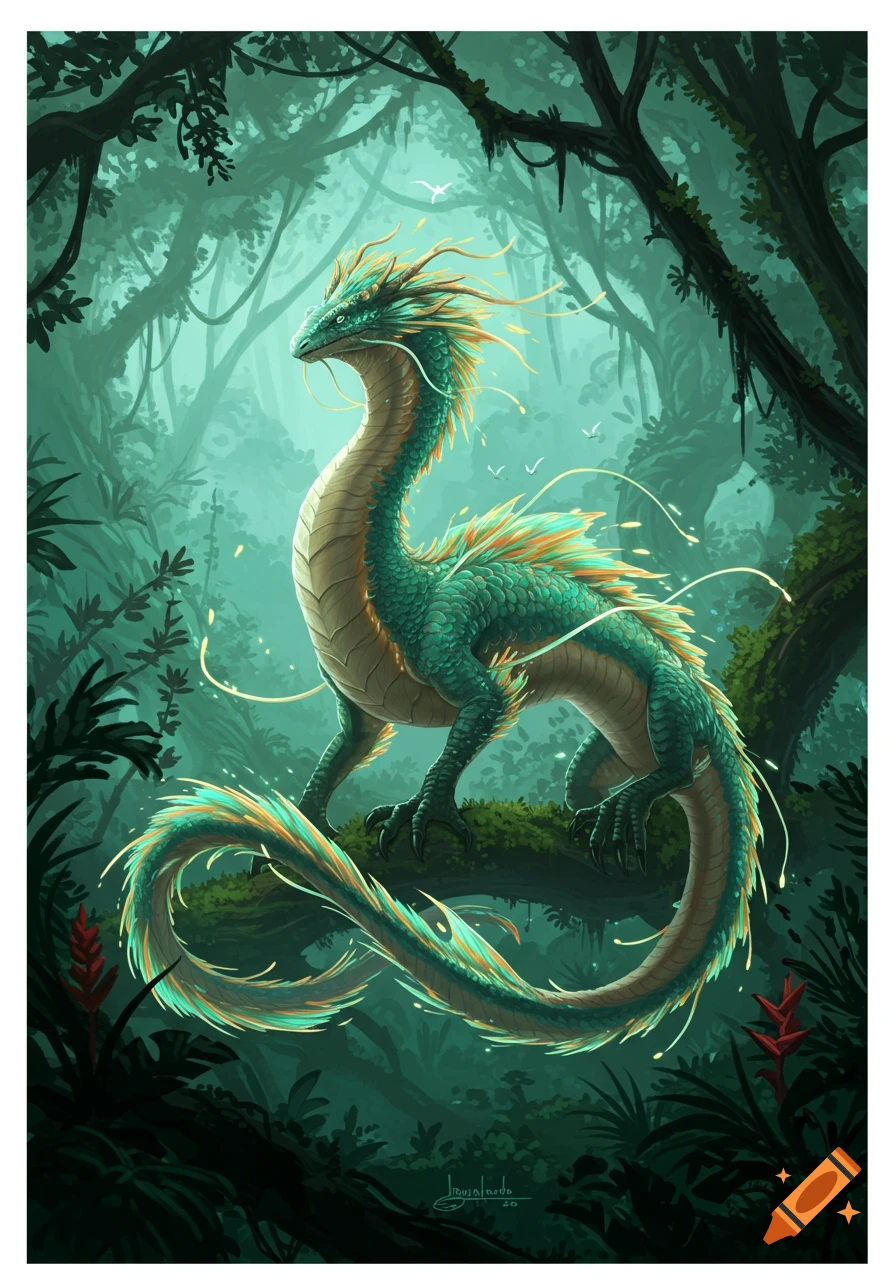 A stylized illustration of a vibrant green and gold feathered dragon perched on a mossy branch in a mystical, lush jungle.