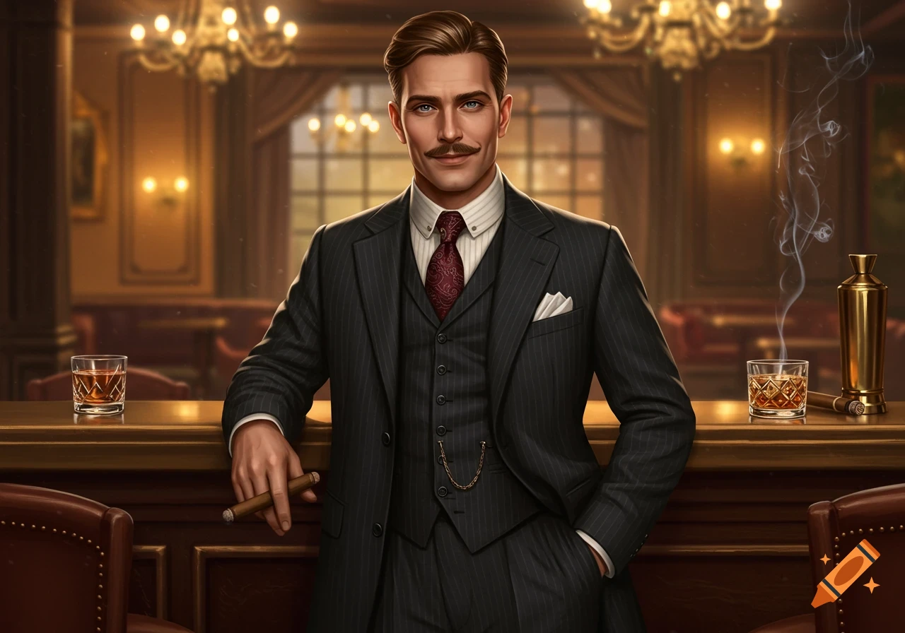 A dapper 1920s gentleman with a mustache, in a pinstripe suit, leaning on a bar with a cigar and drink, in an elegant lounge.