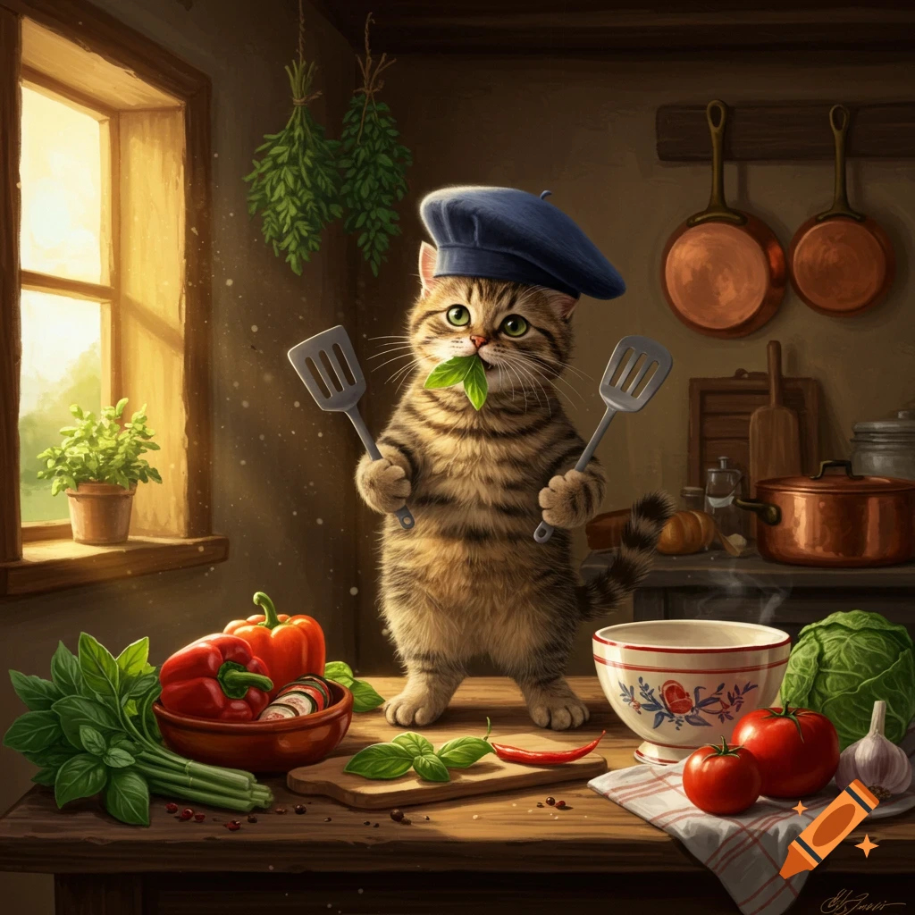 A cute tabby cat wearing a blue beret and apron, holding two spatulas, stands on a rustic kitchen counter filled with fresh vegetables, cooking.