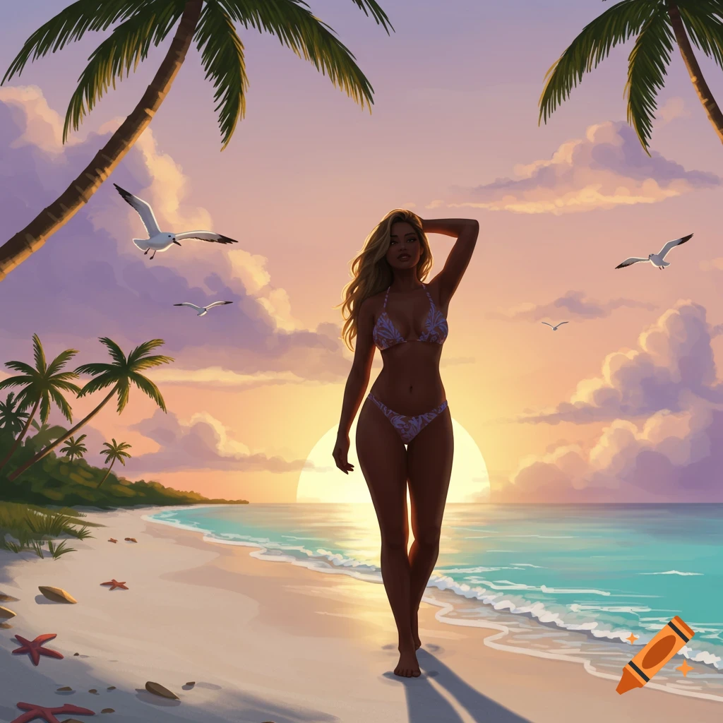 A woman in a two-piece bathing suit walks on a tropical beach during sunset, with palm trees and seagulls.