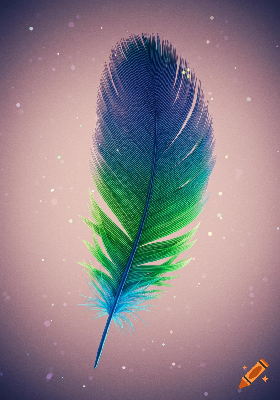 A vibrant, stylized feather with blue, green, and turquoise hues, against a soft, speckled bokeh background.