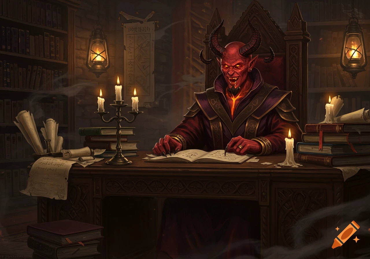 A red-skinned demon with horns and a glowing chest sits at a wooden desk in a dimly lit library, writing in a book.