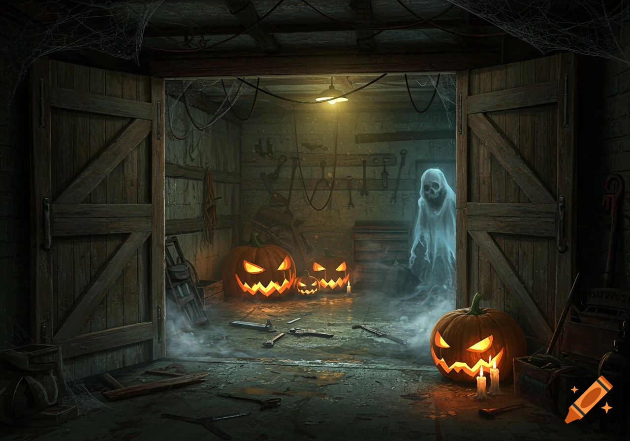 A spooky, dimly lit garage with glowing jack-o'-lanterns and a ghostly figure emerging from the shadows, covered in cobwebs.