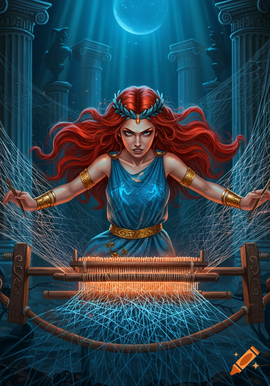 Arachne, a mythological woman with fiery red hair, intensely weaves glowing blue and orange threads on a loom under a full moon in a stylized illustration.