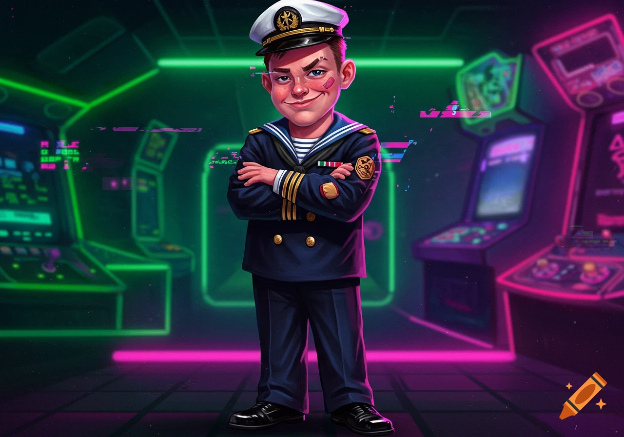 A cartoon boy in a naval officer uniform stands with crossed arms in a neon-lit retro arcade.
