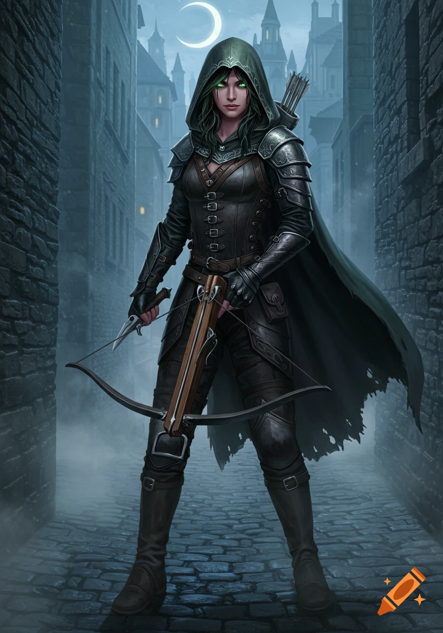 A female fantasy rogue in dark armor and a hooded cloak holds a crossbow and dagger in a foggy cobblestone alley at night.