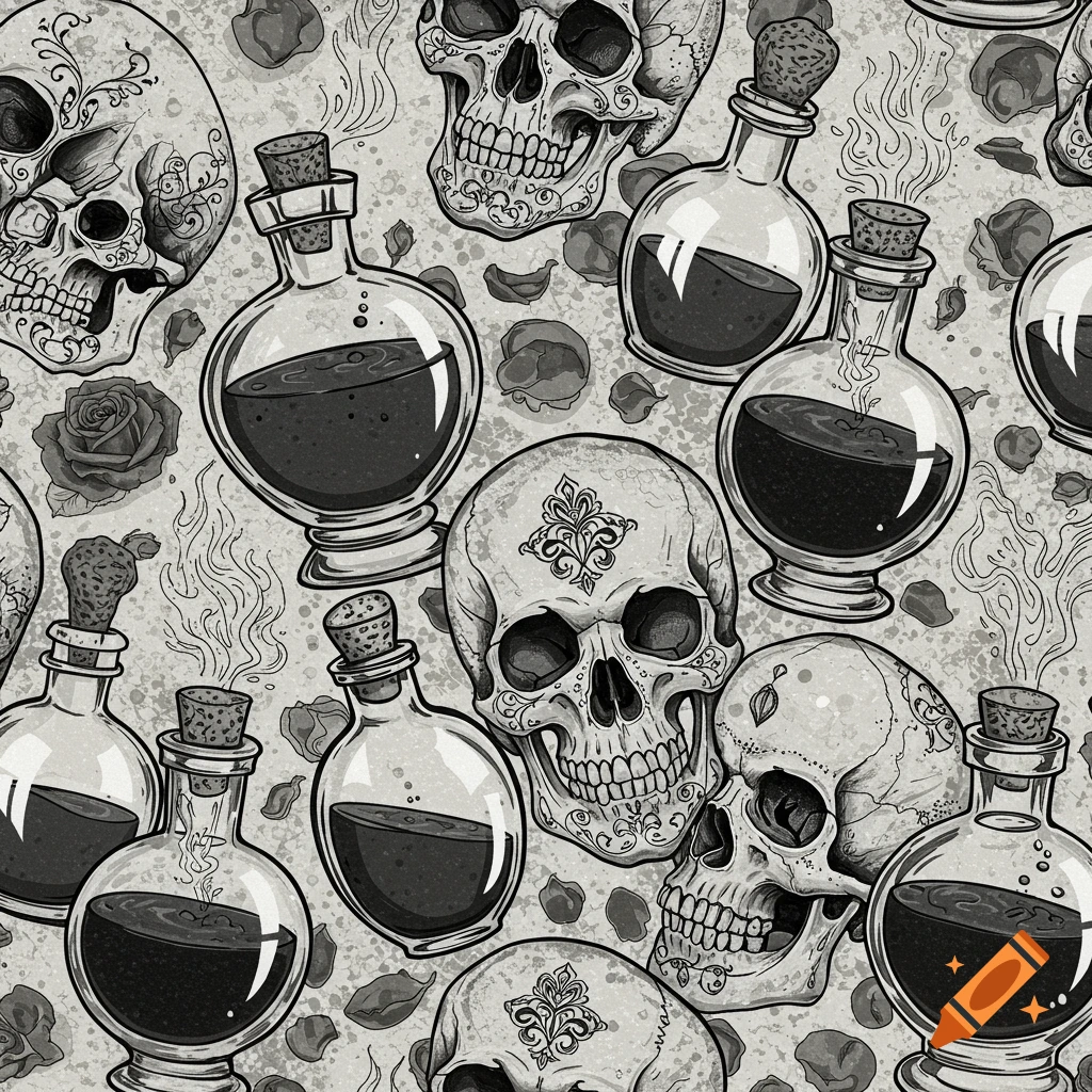 A black and white seamless pattern featuring stylized skulls with ornate designs, potion bottles, and scattered rose petals.
