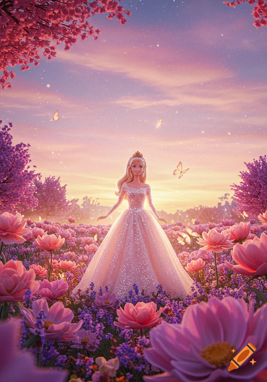 A Barbie-like doll in a sparkly pink gown stands in a field of pink and purple flowers under a pastel sunset sky with butterflies.