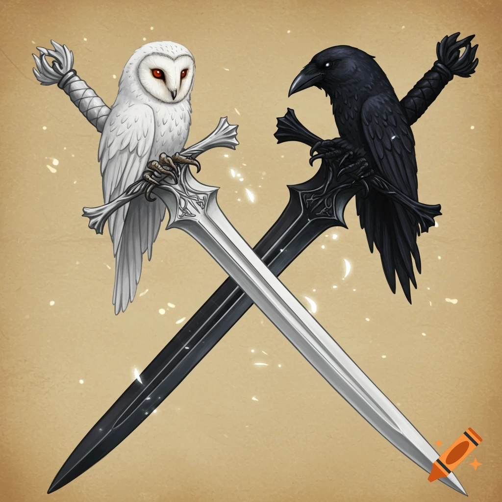 A white owl sits on a silver sword crossed with a black sword that has a raven on its hilt. Stylized illustration.