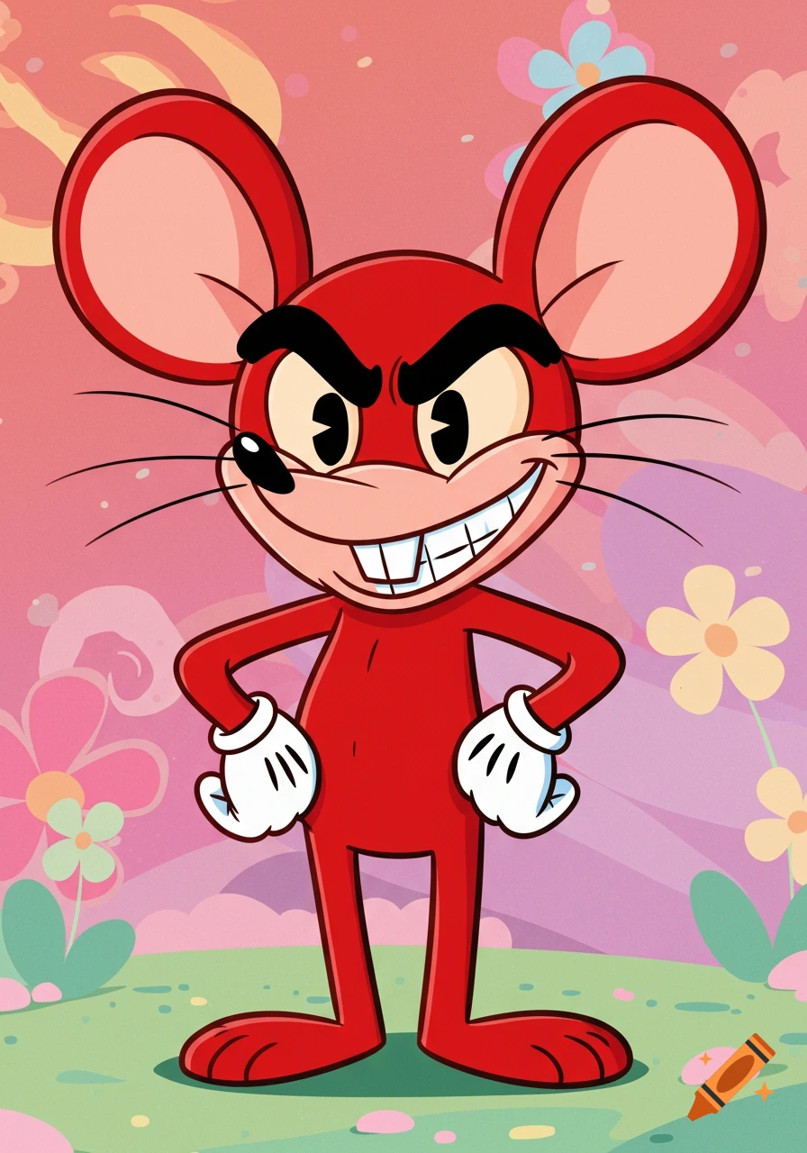 A mischievous-looking red cartoon mouse with big eyebrows, gloves, and a toothy grin stands against a floral background.