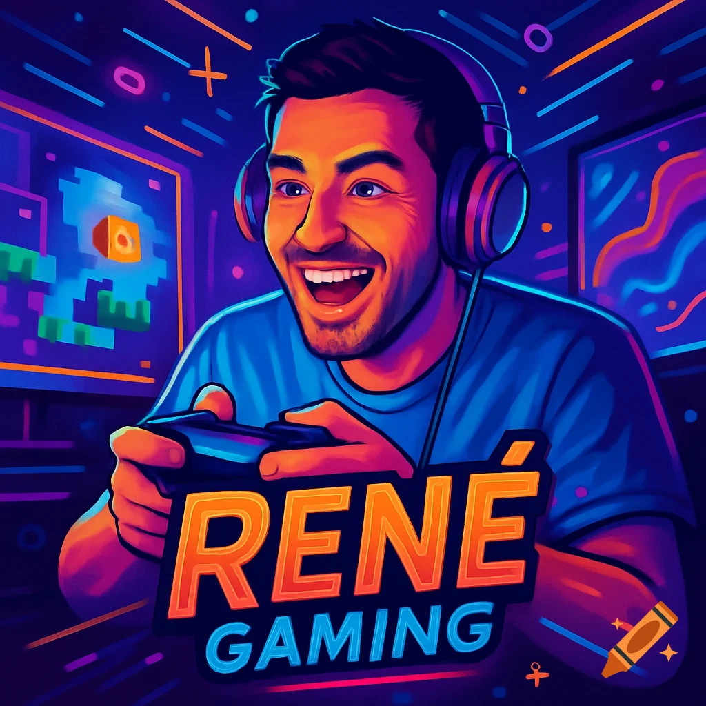 Vibrant illustration of a happy man with headphones playing video games, a 'RENÉ GAMING' logo in the foreground.