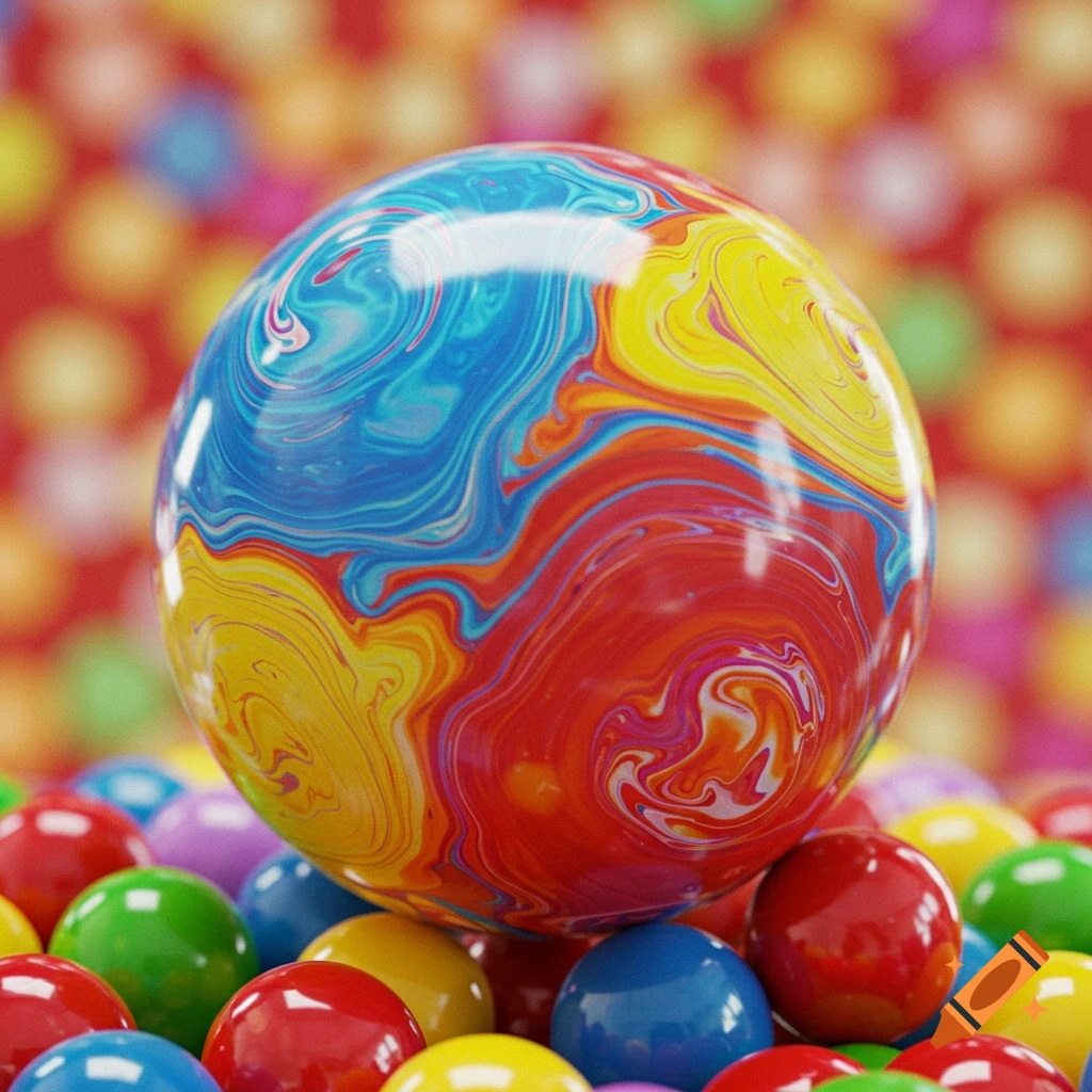 A large, glossy gumball with swirled red, yellow, and blue patterns sits on a bed of smaller colorful gumballs.