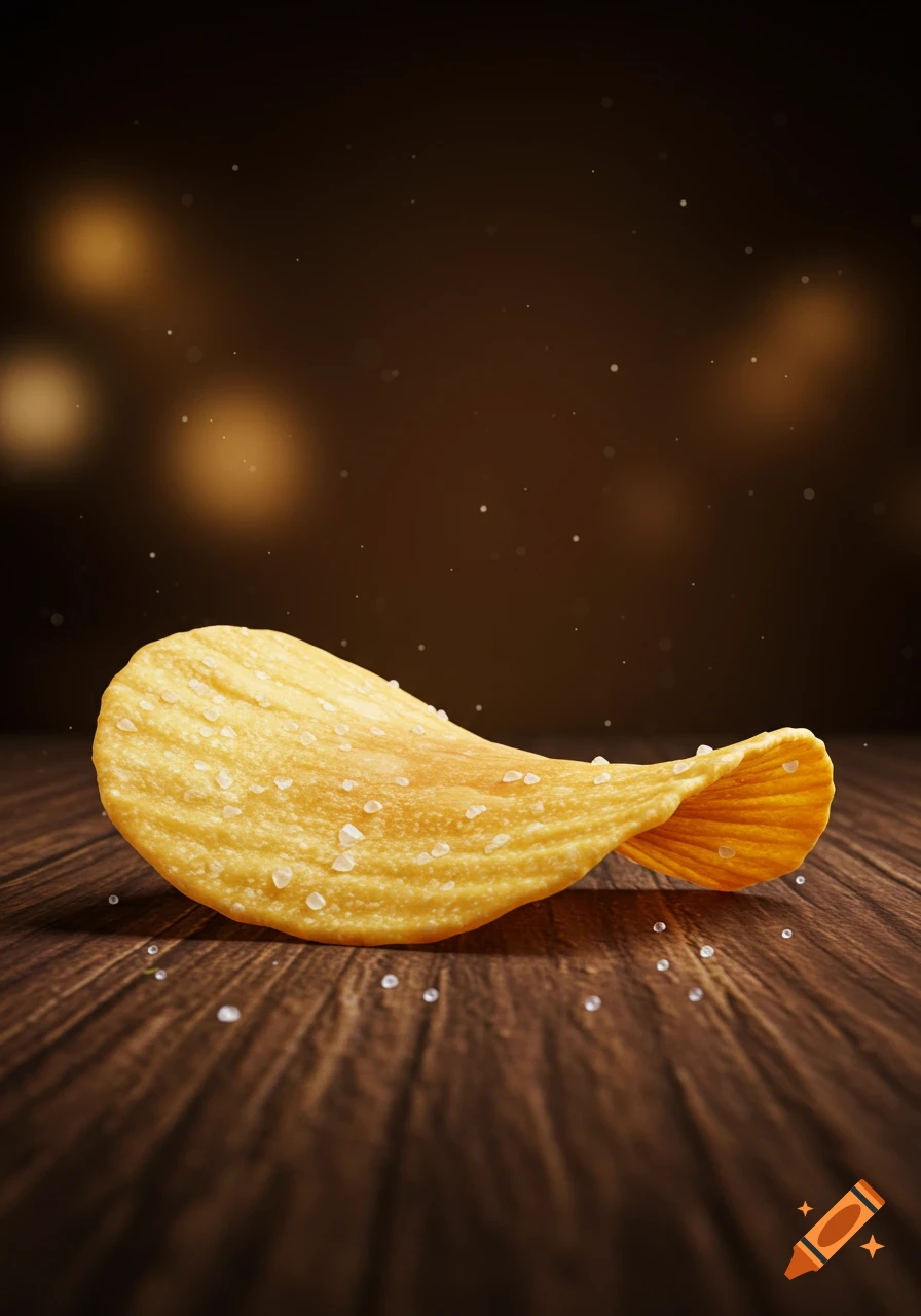 Photorealistic golden ridged potato chip with salt on a dark wooden table, blurred background with bokeh lights.