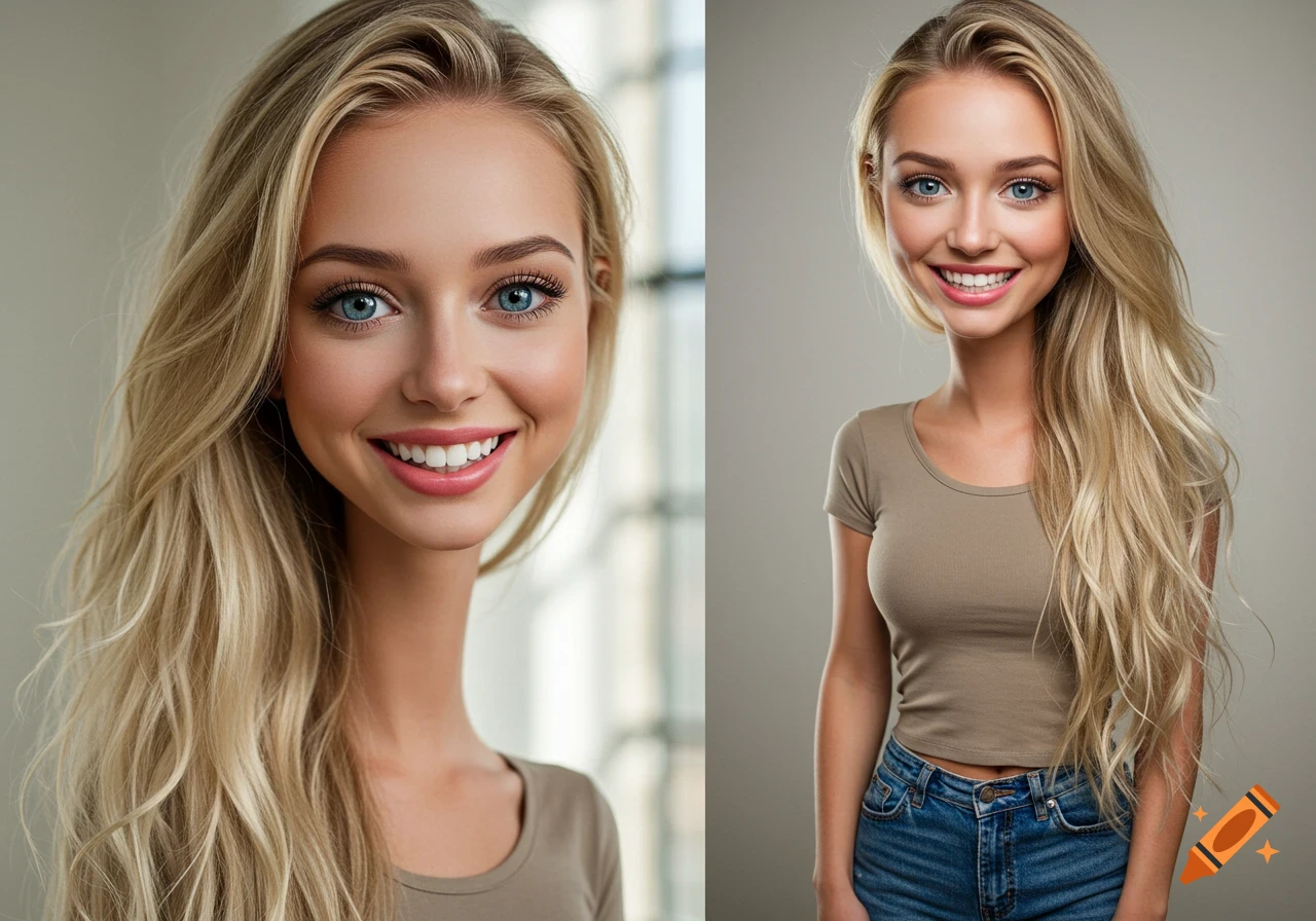 A photorealistic portrait of a blonde woman with a large head, long neck, blue eyes, and a wide smile, wearing a t-shirt and jeans.