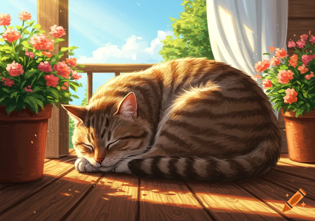 A tabby cat sleeps curled up on a sunny wooden balcony next to potted pink flowers under a blue sky, in an illustration style.