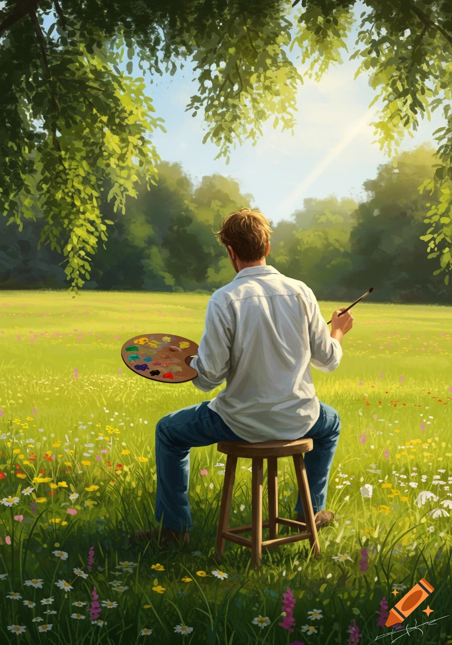 Painter sits on a stool with a palette and brush in a vibrant, sunny meadow filled with flowers, seen from behind. Painterly style.