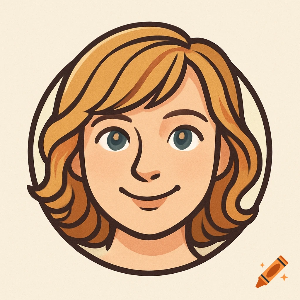 A cartoon woman's face with blonde wavy hair and blue-green eyes, smiling, inside a circular frame.