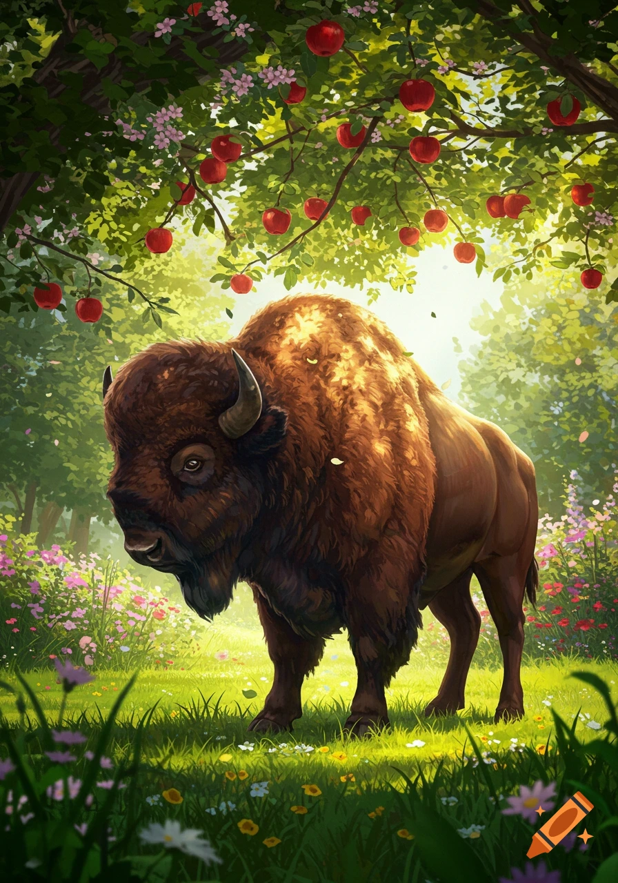 A large brown bison stands in a lush, green garden filled with wildflowers under an apple tree laden with red apples.