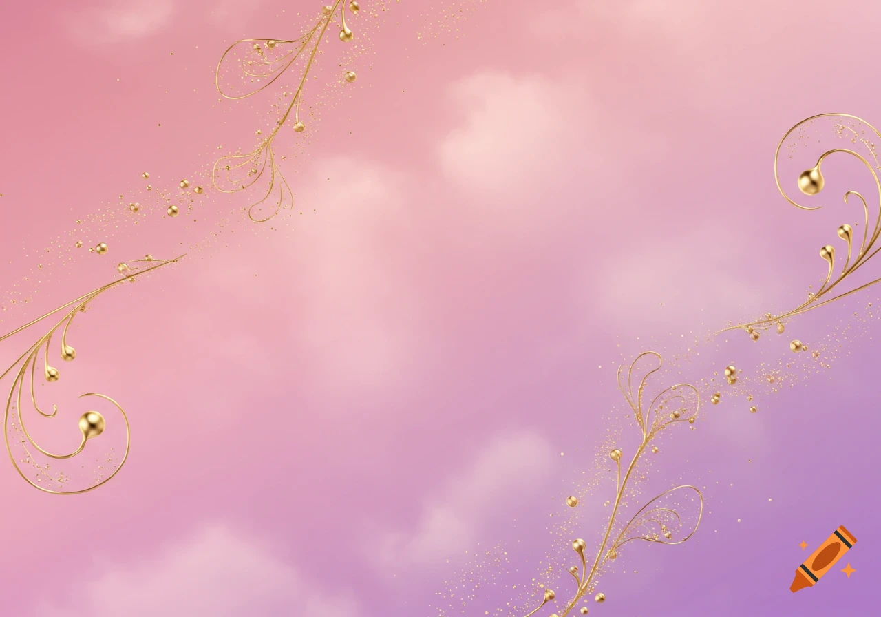 A pink and purple gradient background with swirling golden decorative elements and glitter.