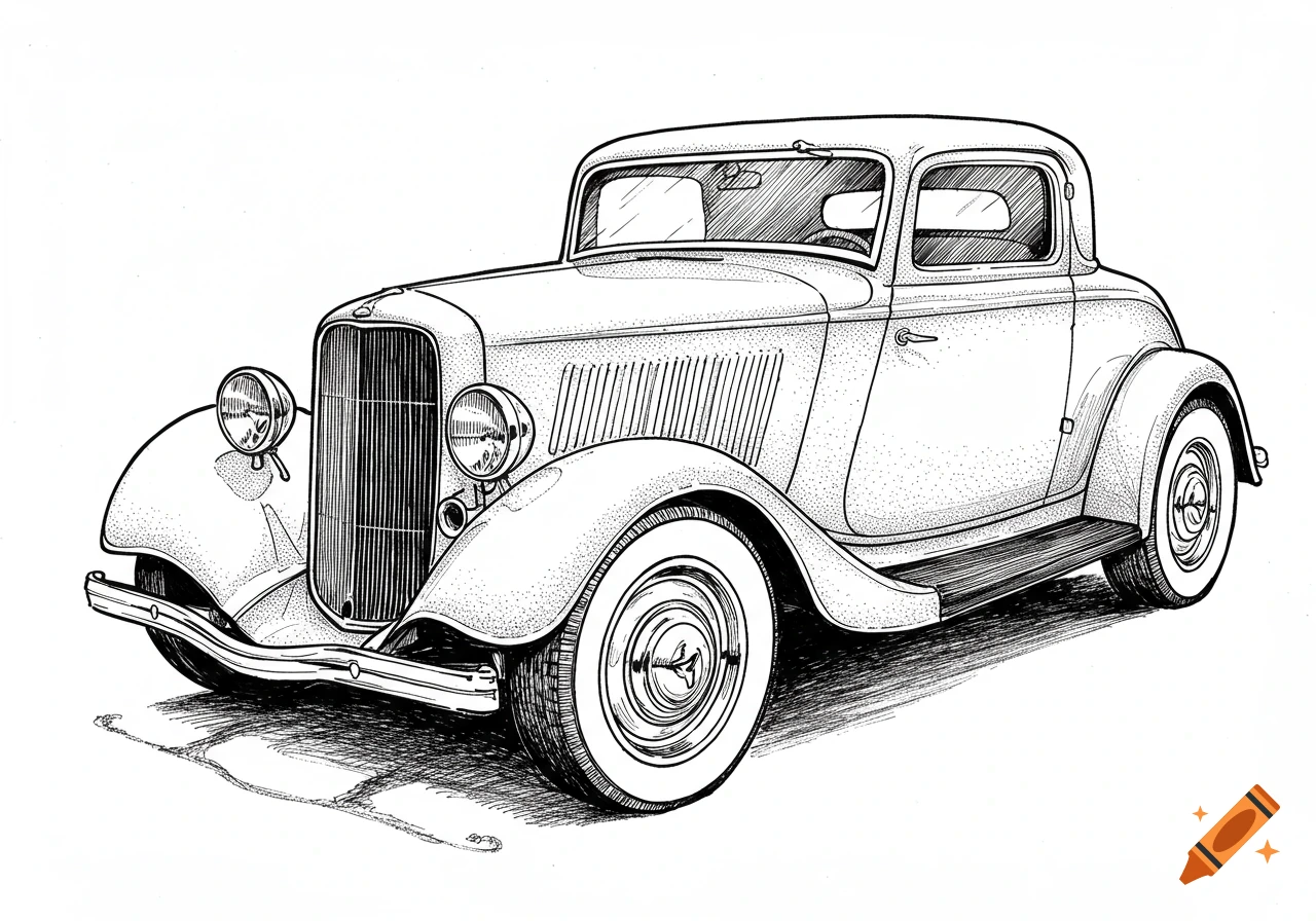 Black and white line art sketch of a vintage Ford coupe.
