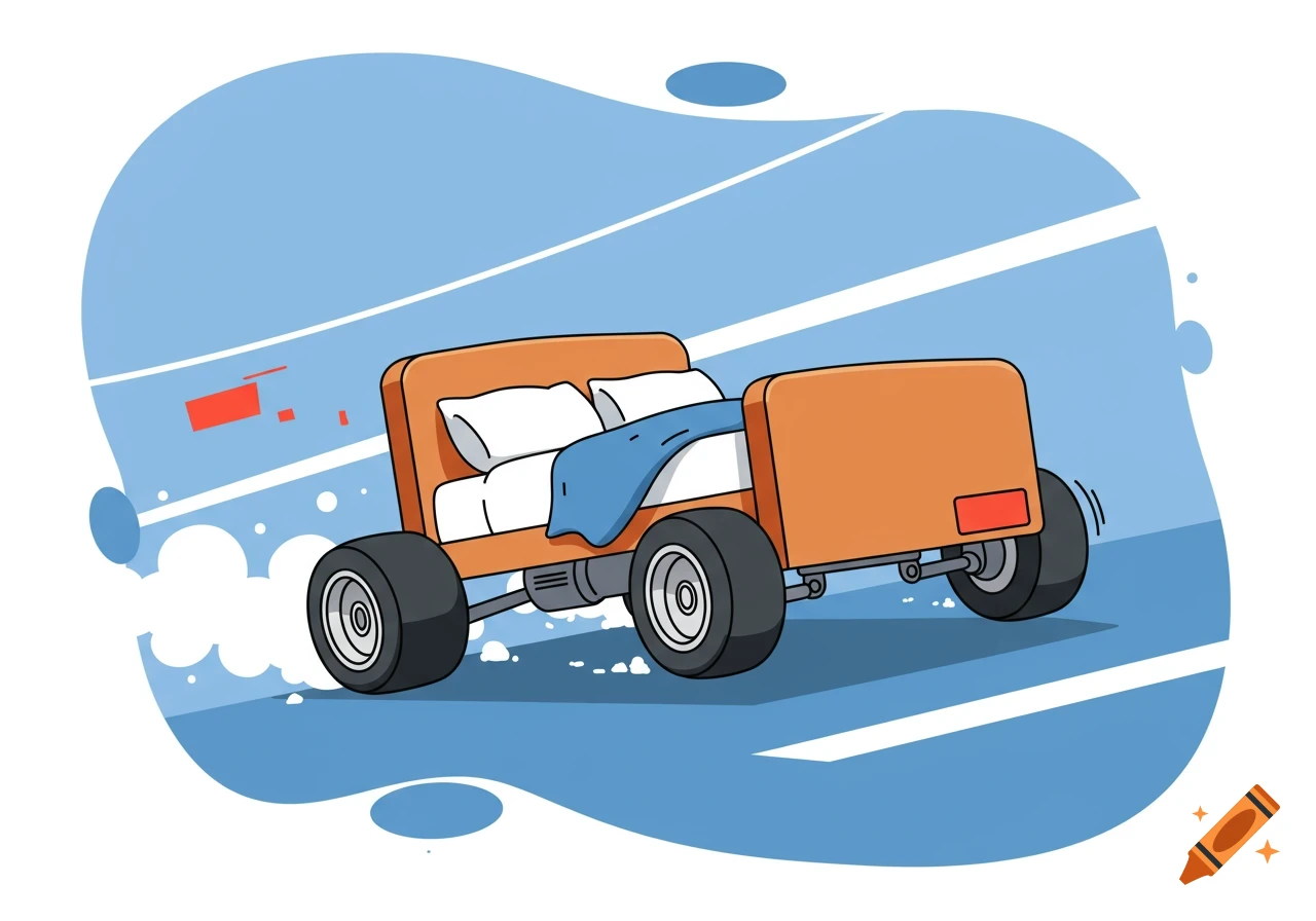 Cartoon illustration of a bed on wheels speeding on a blue track, smoke trailing from its back.