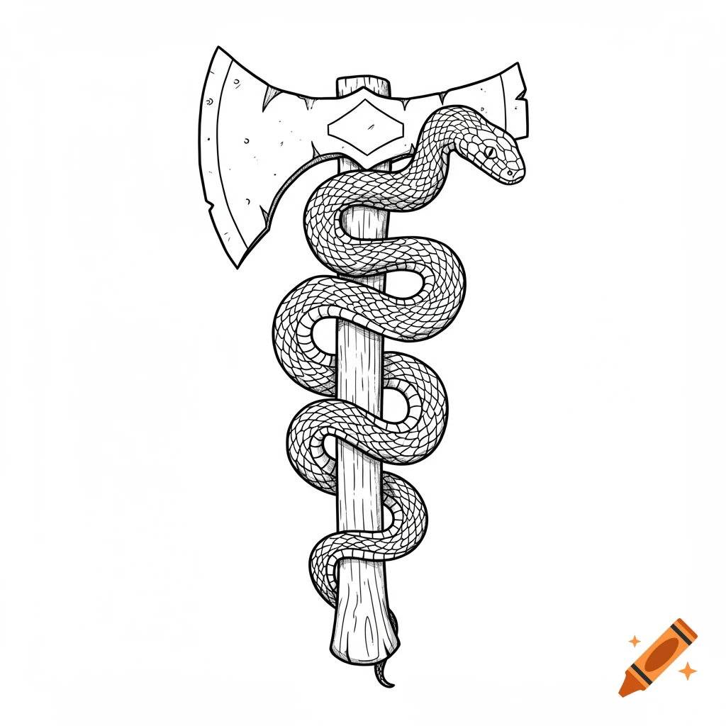 Black and white line drawing of a snake naturally coiled around the handle and blade of a classic axe.