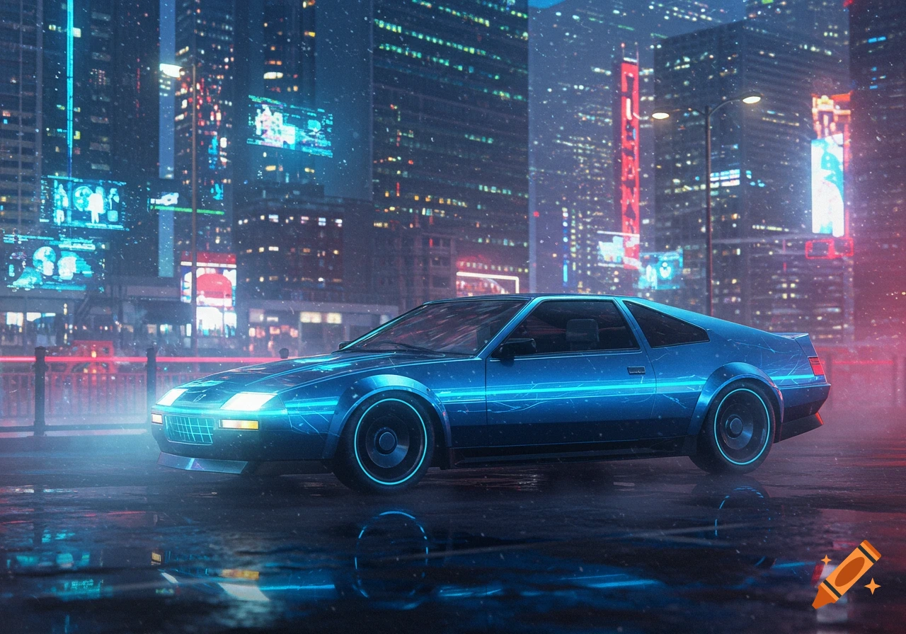 A futuristic blue sports car with glowing neon lines on a wet city street at night, surrounded by brightly lit cyberpunk skyscrapers.