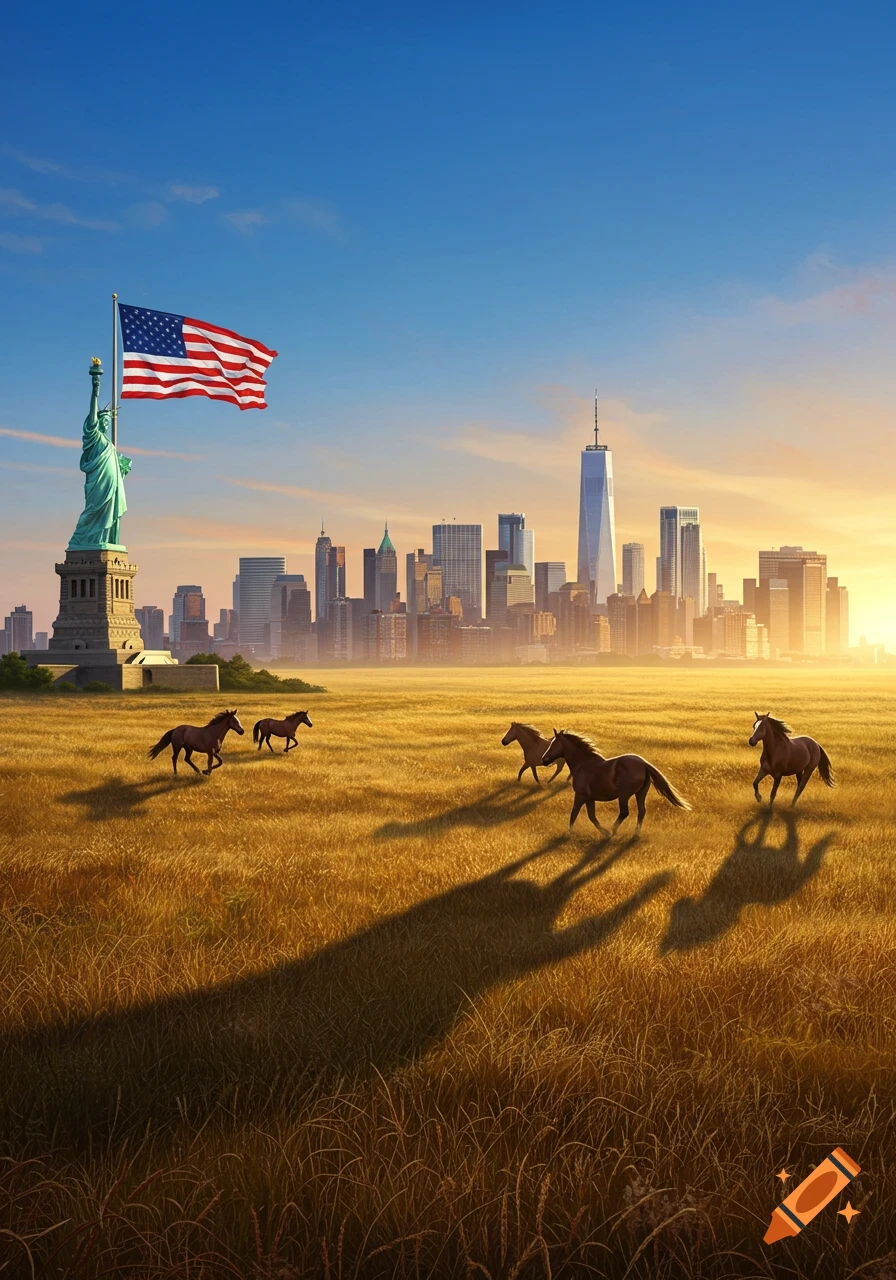 The Statue of Liberty holds an American flag, with a NYC skyline in the distance and horses running in a golden field at sunset.