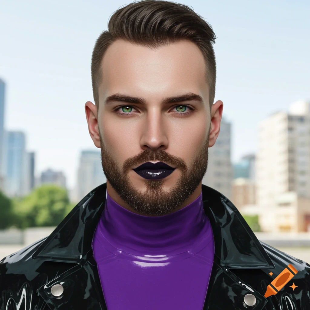 A masculine man with a beard and emerald green eyes wears black lipstick, a purple latex turtleneck, and a black latex jacket against a city backdrop.